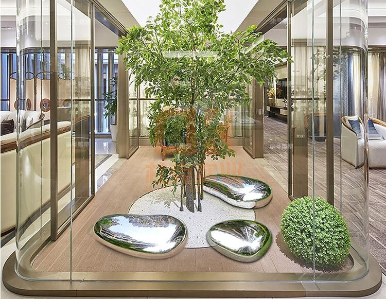 不銹鋼水滴鏡面石頭雕塑坐凳