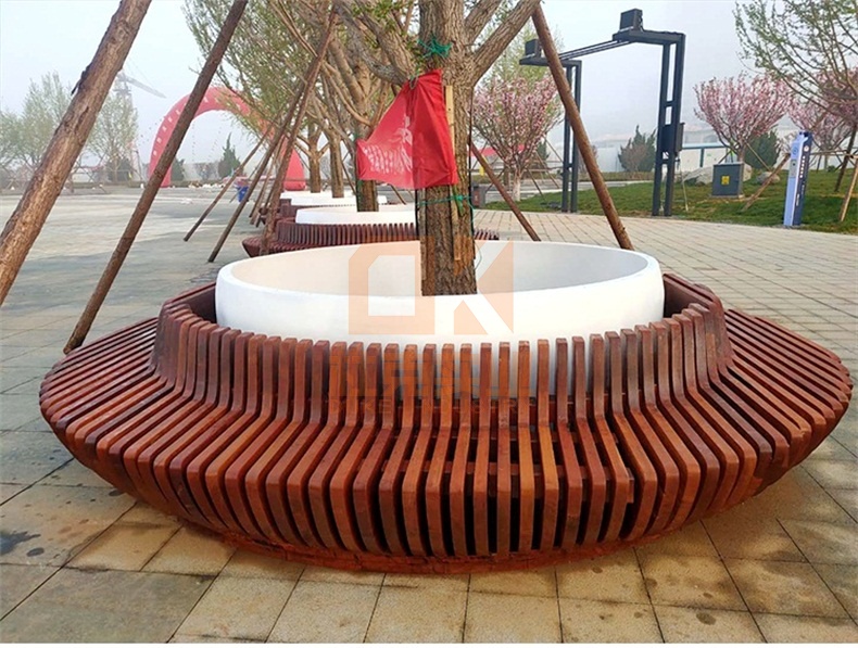 戶外菠蘿格木質(zhì)玻璃鋼樹池坐凳切片圓形花壇座椅