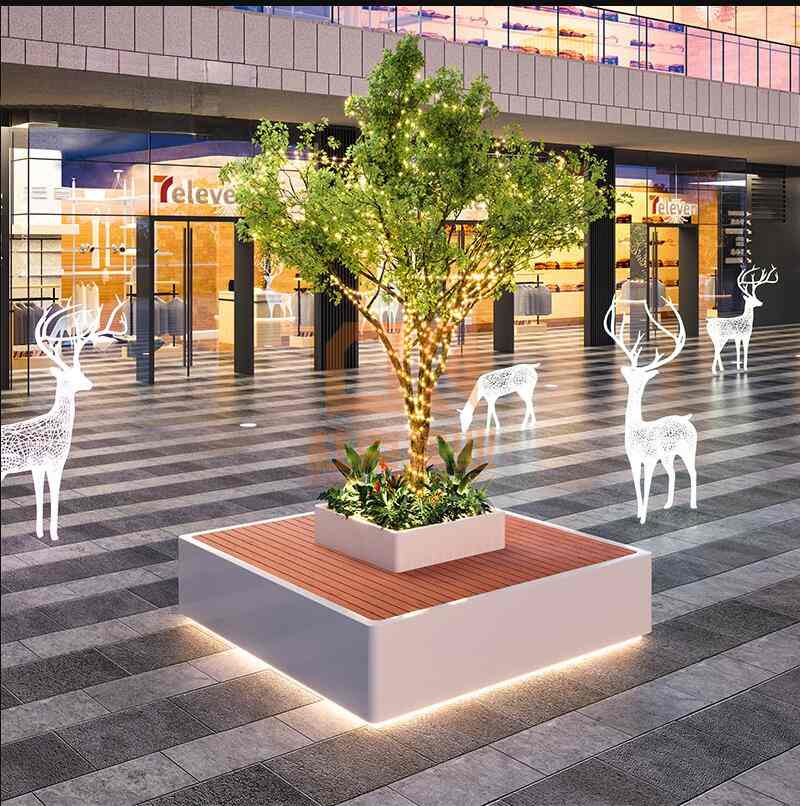 不銹鋼木藝面樹池坐凳玻璃鋼景觀園林座椅